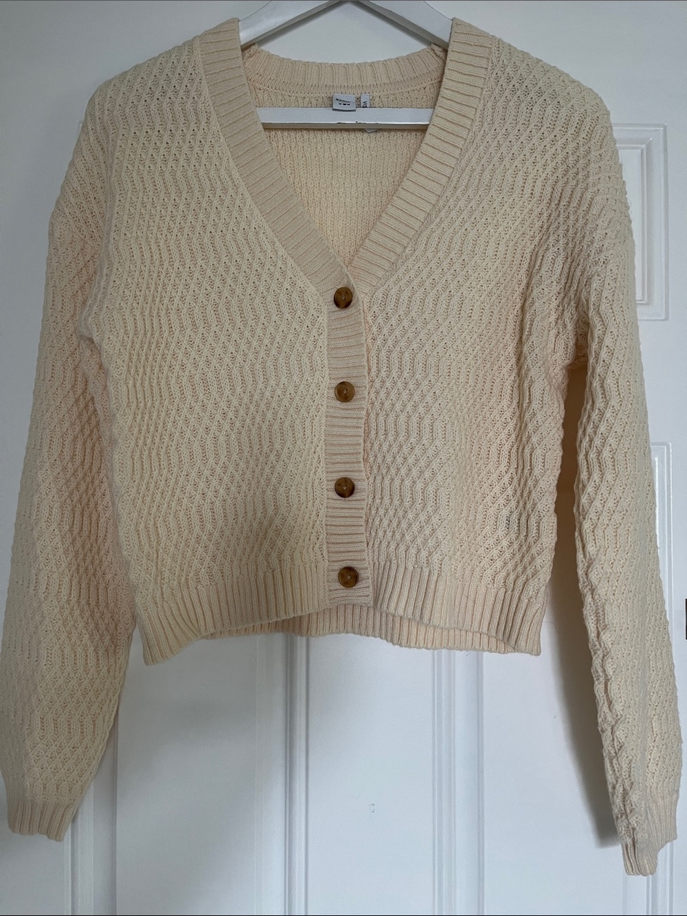 twik Cream Textured V-Neck Button Cardigan